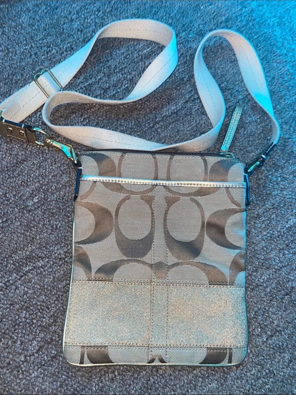 Coach Brown Signature Crossbody with Metallic Trim